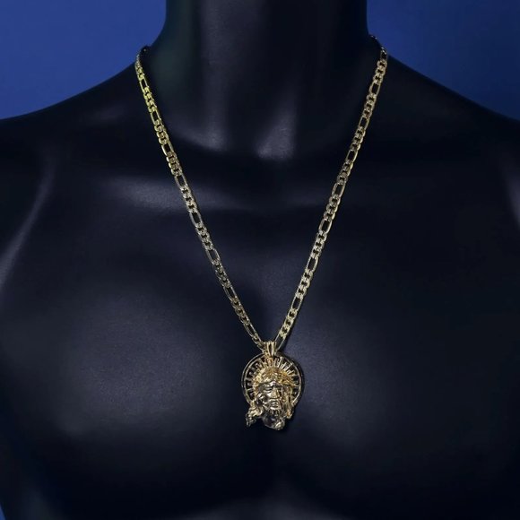 18k Men's Gold 24" Chain and Jesus Pendant